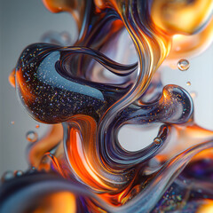Smooth organic shapes with a shimmering surface resemble molten glass. Deep purple hues contrast with warm gold tones. Subtle reflections give the composition a vibrant texture