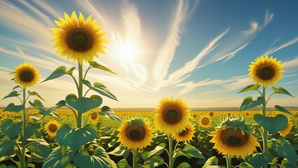 Photorealistic panoramic view of a sunflower field under a bright summer sky, vibrant yellow petals swaying in the breeze