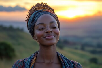 Free happy woman smiling with eyes closed on a mountain hike during sunrise, symbolizing freedom, happiness, and mental wellness, Generative AI