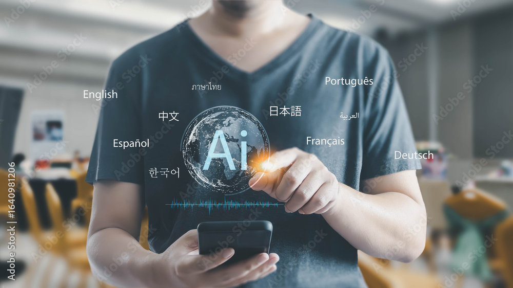 Aufkleber a man uses a smartphone to access an ai-powered language translation service, interacting with a hol