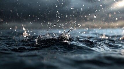 Raindrops fall onto ocean waters, creating ripples as clouds gather overhead in a stormy twilight.