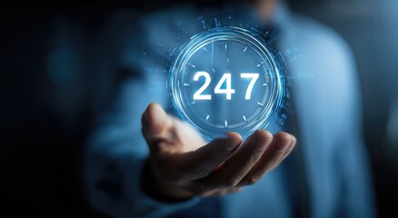 A person's hand holds a holographic 24/7 clock