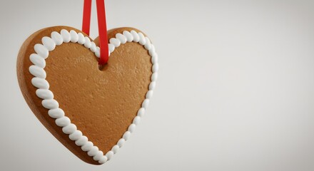 Festive heart-shaped cookie decorated with white icing and hanging from a red ribbon against a neutral background.