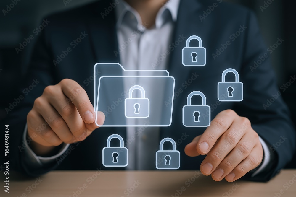 Poster data security concept: businessman securing confidential information with digital locks and folders 