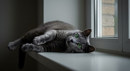 Gray cat with striking green eyes lounges by a window, seemingly lost in contemplation of the outside.