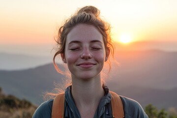 Free happy woman smiling with eyes closed on a mountain hike during sunrise, symbolizing freedom, happiness, and mental wellness, Generative AI