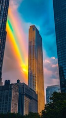 Rainbow over skyscraper
