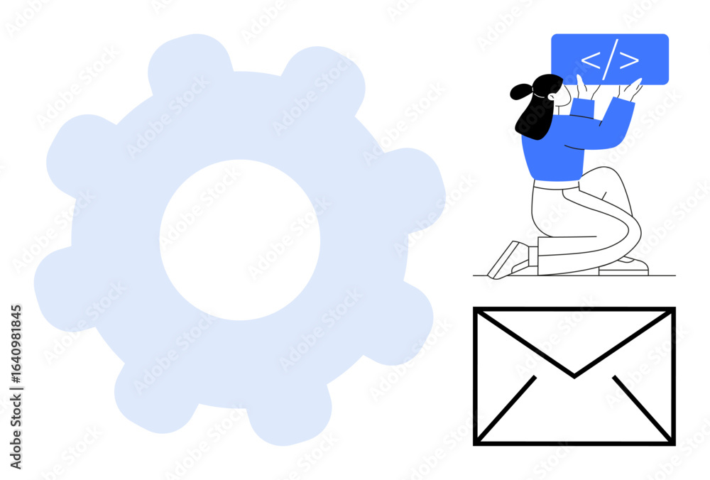 Aufkleber woman interacting with a digital code snippet, accompanied by a gear icon and an envelope icon. idea