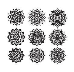 Nine black floral mandala designs on white background pattern