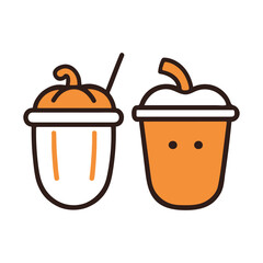 Two orange and white cartoon cups with dark outlines drink beverage