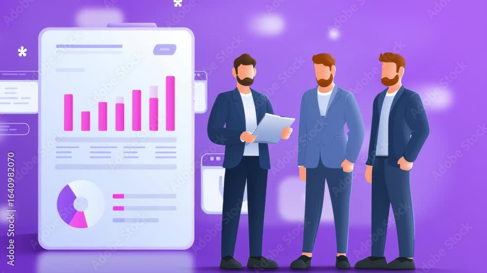 Poster flat abstract illustration depicting a business team analyzing data and growth statistics in a moder