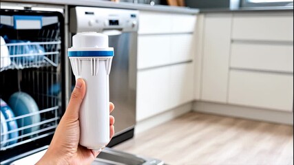 Holding water filter cartridge near open dishwasher in modern kitchen, showcasing appliance care and maintenance. Holding water filter cartridge, person stands to ensure appliance hygiene.