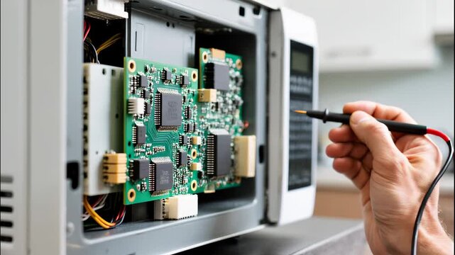 Technician probes microwave for electronic repair with multimeter and circuit board inspection. Inspecting circuit board helps the technician diagnose problems inside microwave,