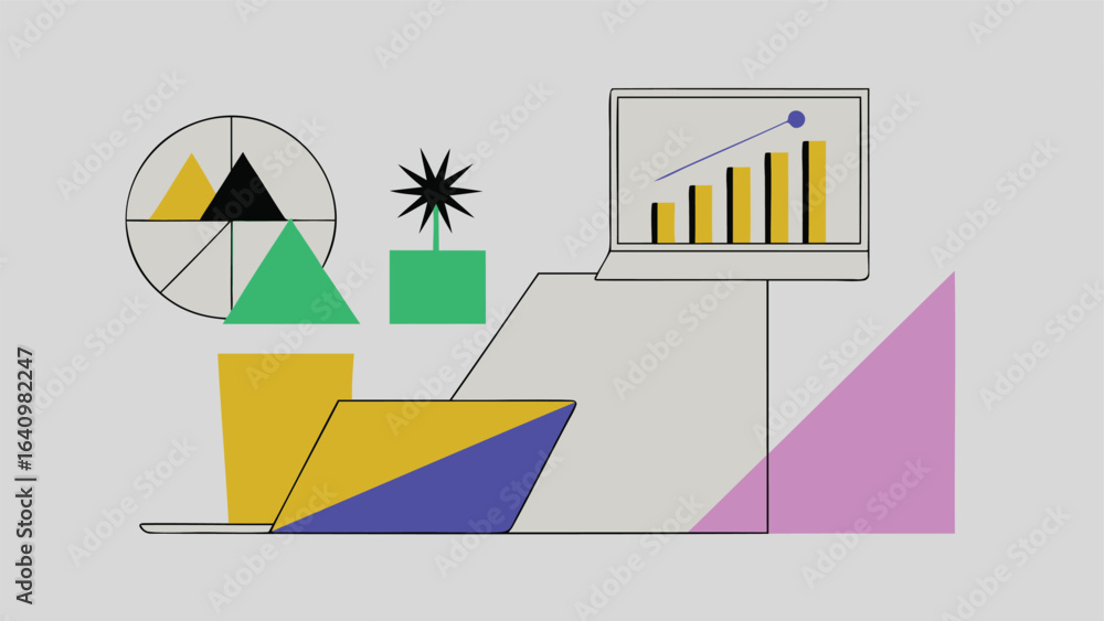 Poster geometric shapes and laptop displaying financial data and charts in a modern abstract design