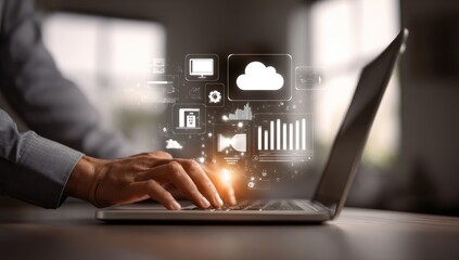 Person using laptop with digital interface overlay