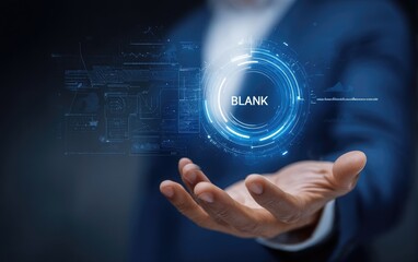 Hand holds a glowing, circular, digital interface displaying the word "BLANK