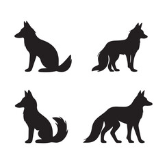 Four black fox silhouettes in different poses on white background animal