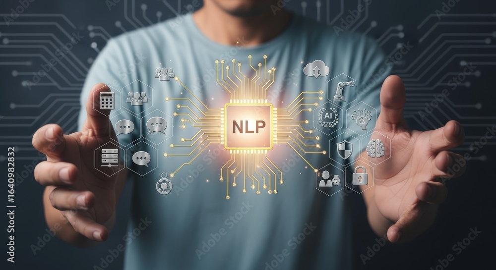 Poster person presenting nlp neural network concept with glowing circuit board design and holographic icons