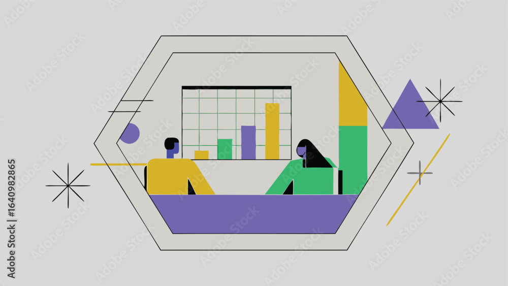 Poster people discussing bar graph inside hexagon with triangle and star shapes around the frame design sty