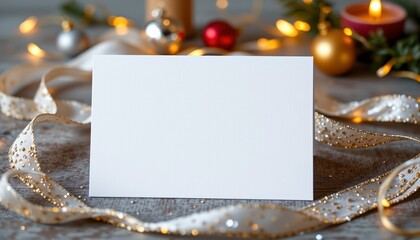blank greeting card on sparkly silver ribbon, new year's mockup, no people, no text, no logo