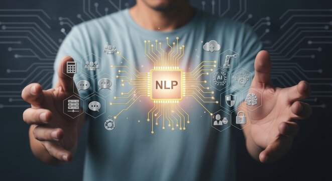 Person Presenting NLP Neural Network Concept with Glowing Circuit Board Design and Holographic Icons