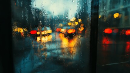 Rainy city night view through window