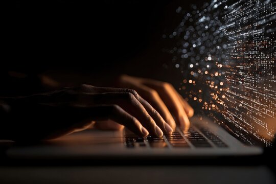 Close-up of hands typing on a laptop keyboard, with glowing, abstract code overlay