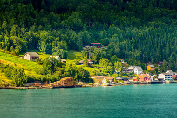 Obraz premium Norway, Olden village and fjord landscape