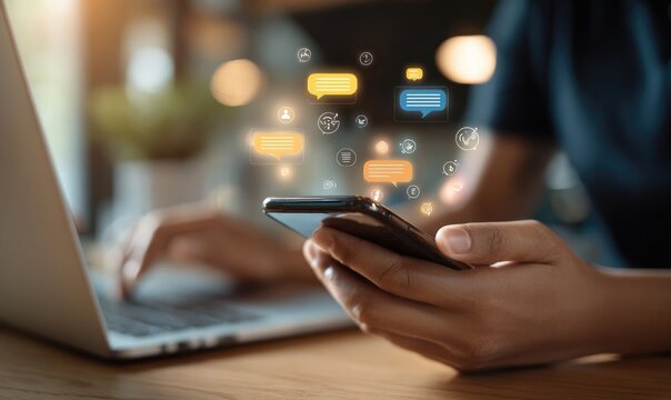 Close-up of hands using laptop and phone, with floating chat icons