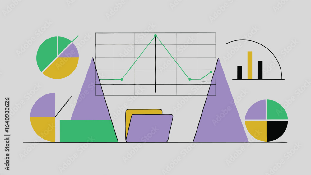 Poster abstract representation of data analysis with charts graphs and geometric shapes in pastel colors
