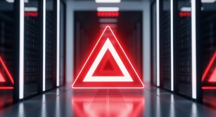 Futuristic Server Room with Glowing Red Triangle: Technology, Data, and Modern Innovation Concept