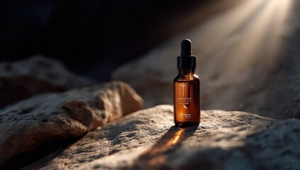 Amber dropper bottle rests on rocks, sunbeams highlight