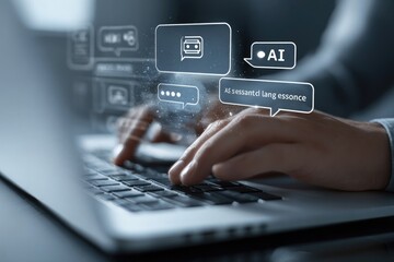 Close-up of hands typing on laptop, AI chat bubbles overlay