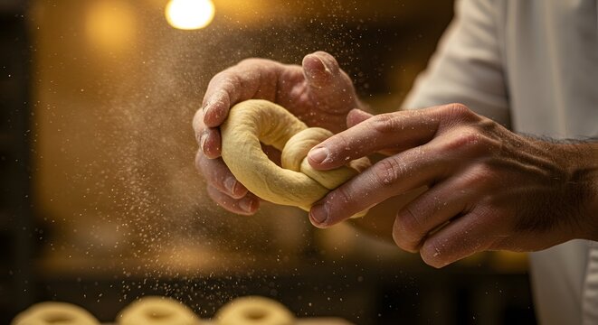 Crafting a Pretzel: Baker's Hands Twisting Dough, Flour Dust in Warm Light, Culinary Artistry in Action