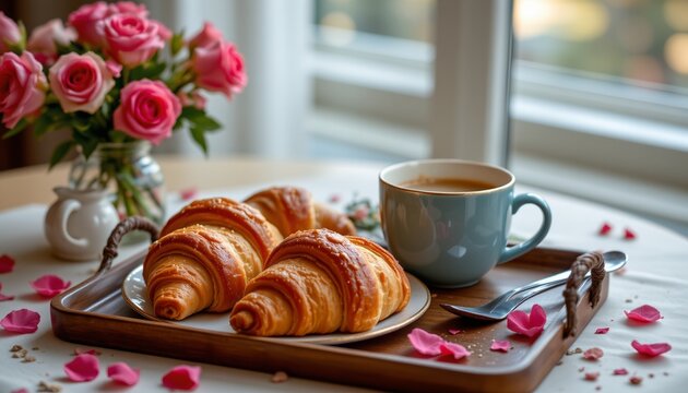 romantic breakfast tray with croissants, valentine's day, no people, no text, no logo