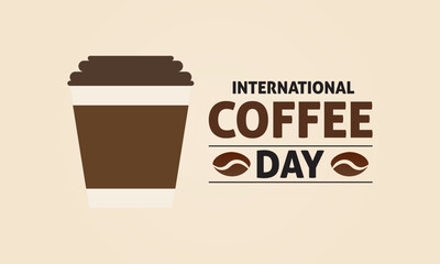 Illustration of a coffee cup with foam forming a world map. Steaming cup of black coffee surrounded by roasted coffee beans and cinnamon sticks. Banner poster, social media Coffee Day October 1,vector