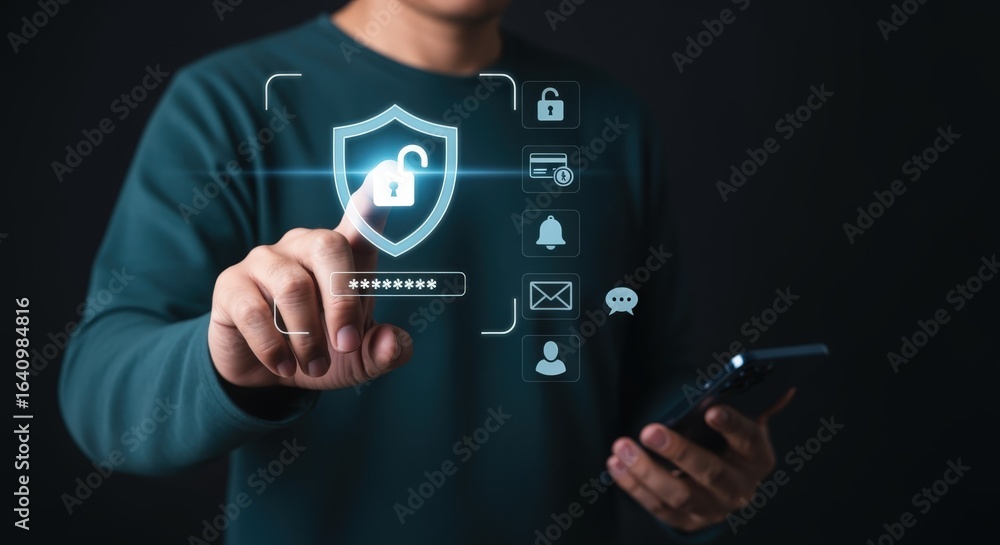 Poster data protection concept: a man pointing at a digital shield with an unlocked padlock for security