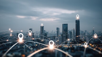 Connected Cityscape at Dusk: Digital Network Over Urban Skyline, Location Pins and Technology Integration