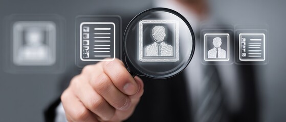 Hand holding magnifying glass over digital profile icons