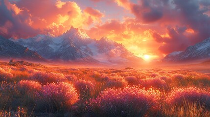 Naklejka premium Tranquil sunrise over cloud-covered highlands with stunning colors and soft light illuminating sky