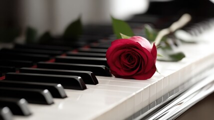 Romantic Red Rose Resting on Piano Keys Evoking Music and Passion for Concerts or Recitals