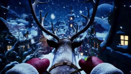 Santa Claus reindeer sleigh flying through snowy village on Christmas Eve. Sleigh flying shows Santa Claus's perspective as he delivers gifts under stars, creating magic. - Powered by Adobe
