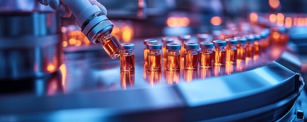 Lab scientist examining medical vials on a production line in a pharmaceutical healthcare factory. This image emphasizes innovation in drug manufacturing for the public sector, Generative AI