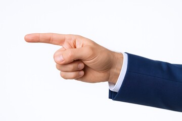 Hand pointing towards the left direction wearing a blue suit isolated on a white background