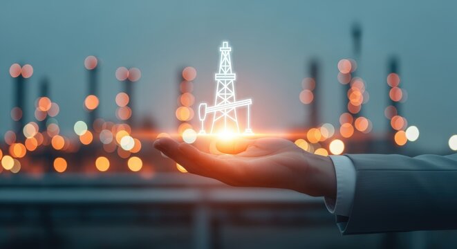 Oil Rig Icon in Hand: Energy Industry, Sustainable Solutions, and Global Energy Production Concept