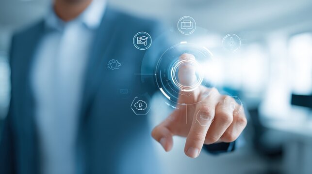 Businessman Touching Futuristic Interface with Icons, Representing Technology, Connection, Digitalization, Communication and Modern Business Solutions