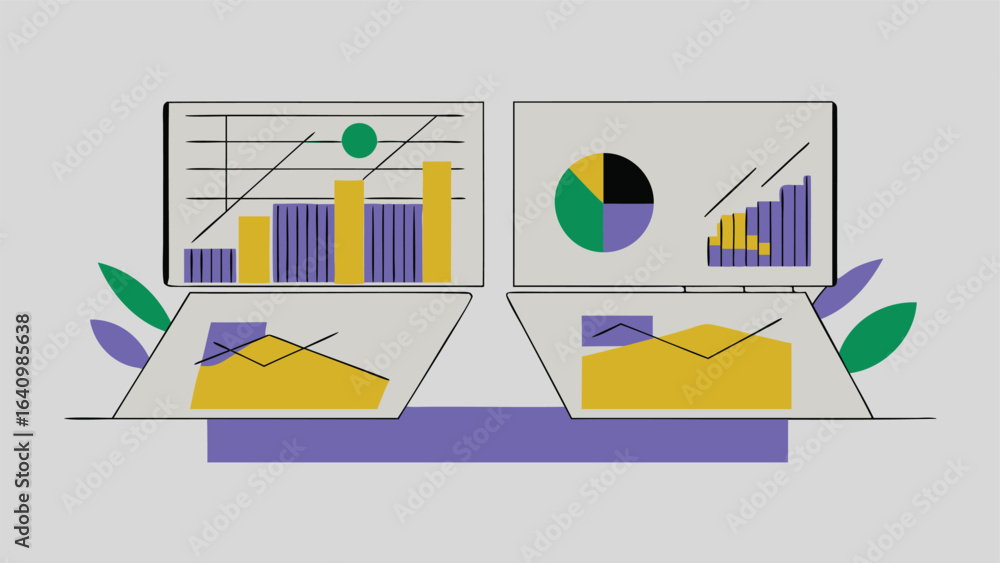Poster illustration showing two screens displaying charts and graphs with leaves on a light background