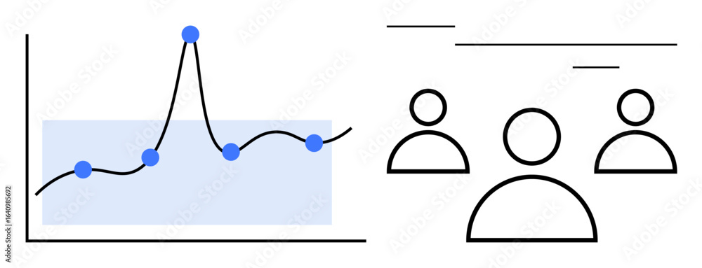 Poster line graph with peaks and data points alongside user icons. ideal for teamwork, analytics, business 