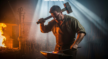 Dramatic Blacksmith Shaping Hot Metal with Hammer in Dark Workshop Setting