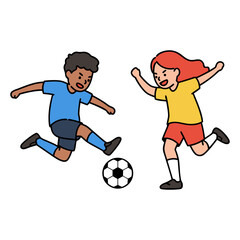 Obraz premium Diverse children playing soccer together in a fun and energetic match. A boy kicks the ball while a girl runs to compete in this cartoon illustration.